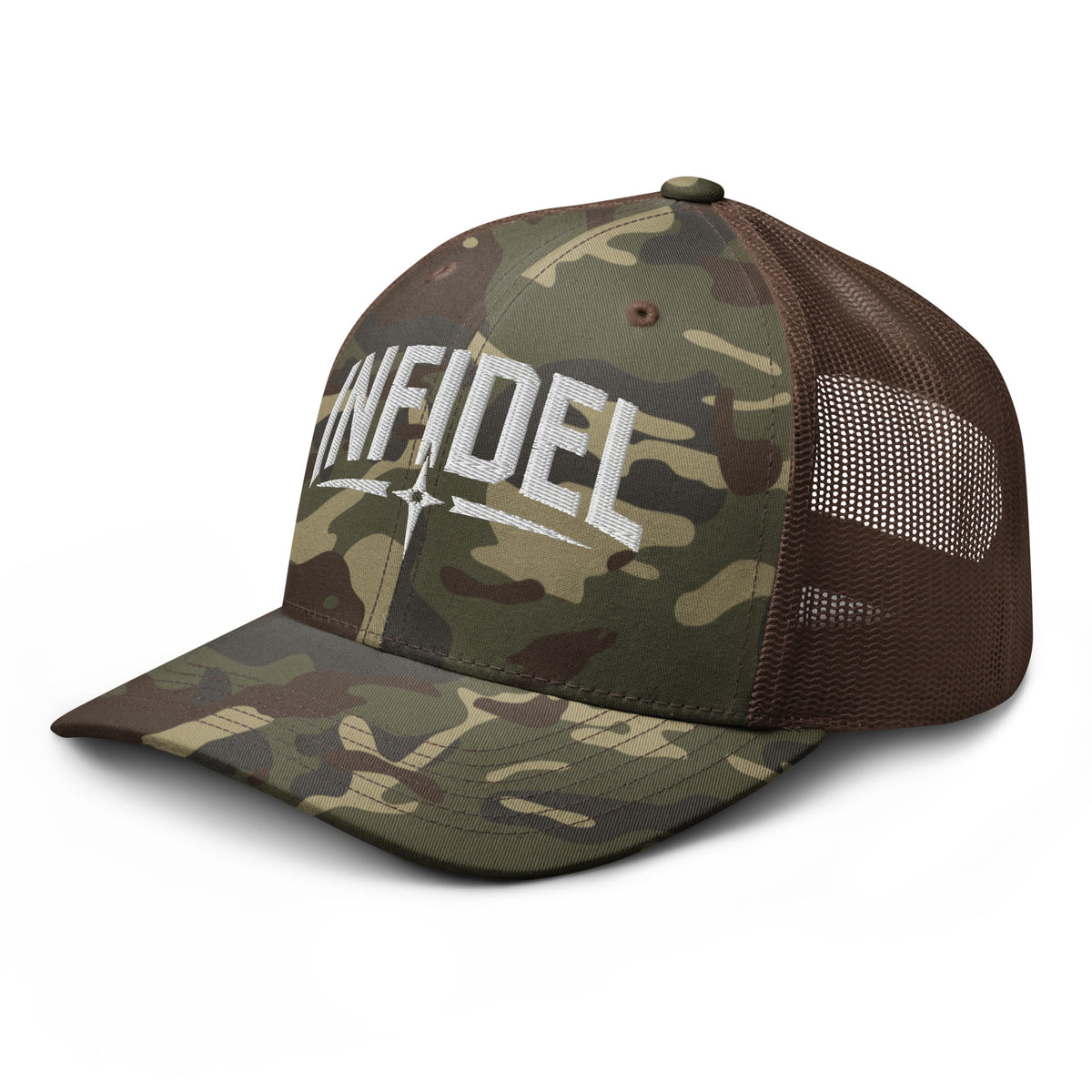 Camo Brown camo trucker hat with embroidered Infidel Spike design, left front view