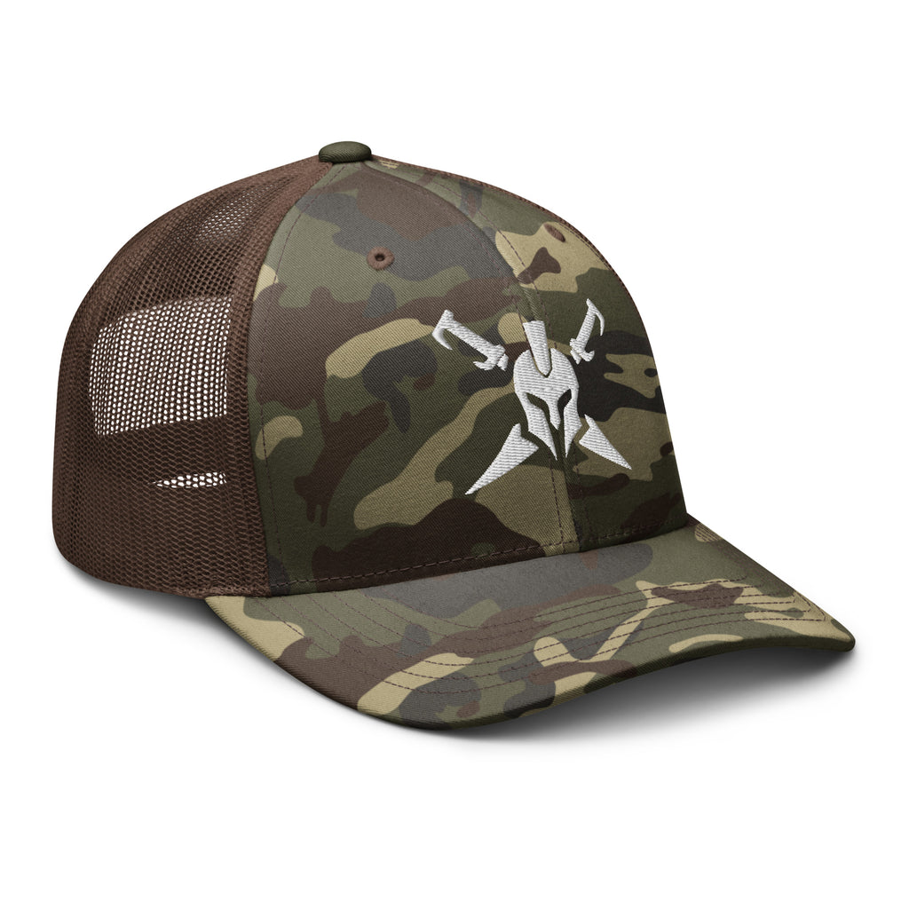 Camo Brown, snapback hat, with embroidered Call to Arms, right front view
