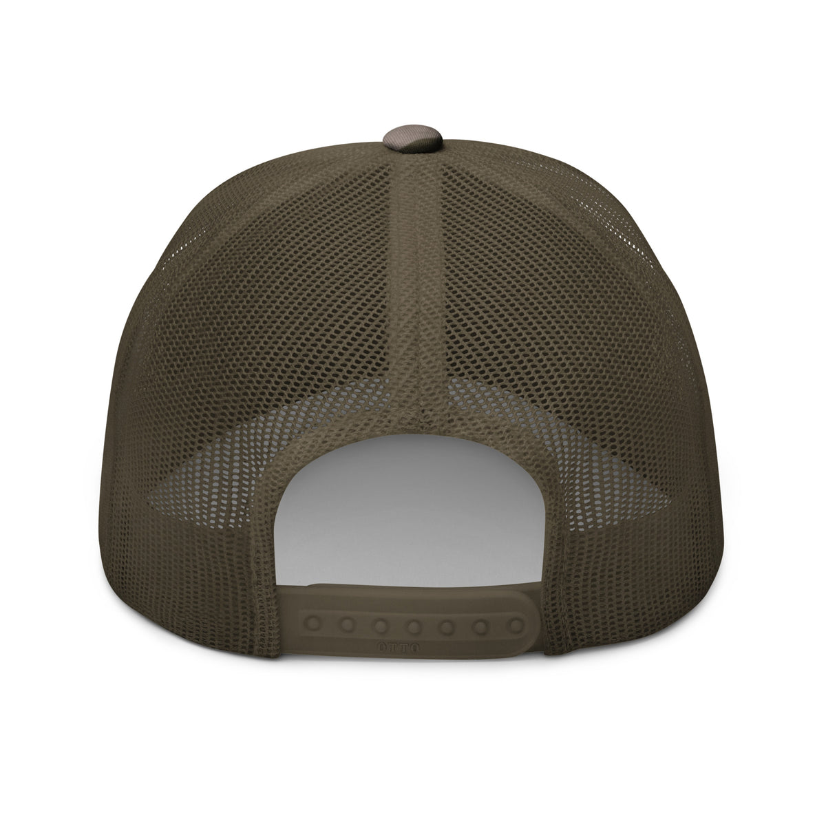Camo Olive camo trucker hat with embroidered INFIDEL War Pig design, back view