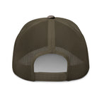 Camo Olive camo trucker hat with embroidered Infidel Spike design, back view