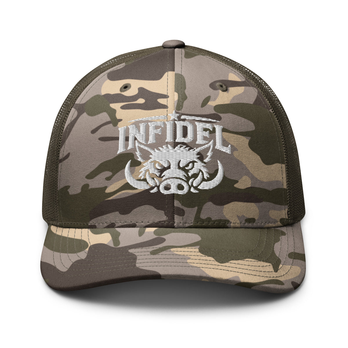 Camo Olive camo trucker hat with embroidered INFIDEL War Pig design, front view