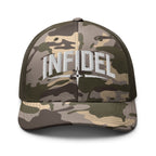 Camo Olive camo trucker hat with embroidered Infidel Spike design, front view