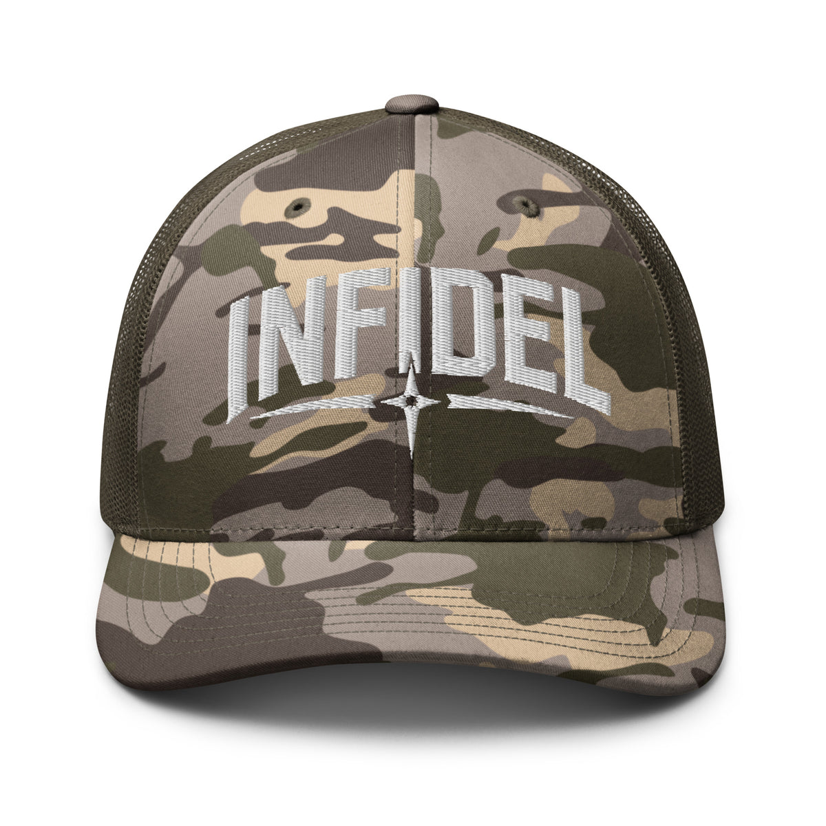Camo Olive camo trucker hat with embroidered Infidel Spike design, front view