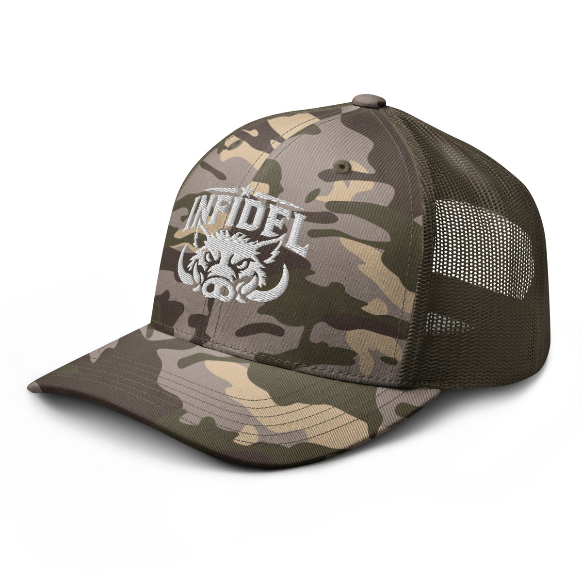 Camo Olive camo trucker hat with embroidered INFIDEL War Pig design, left front view