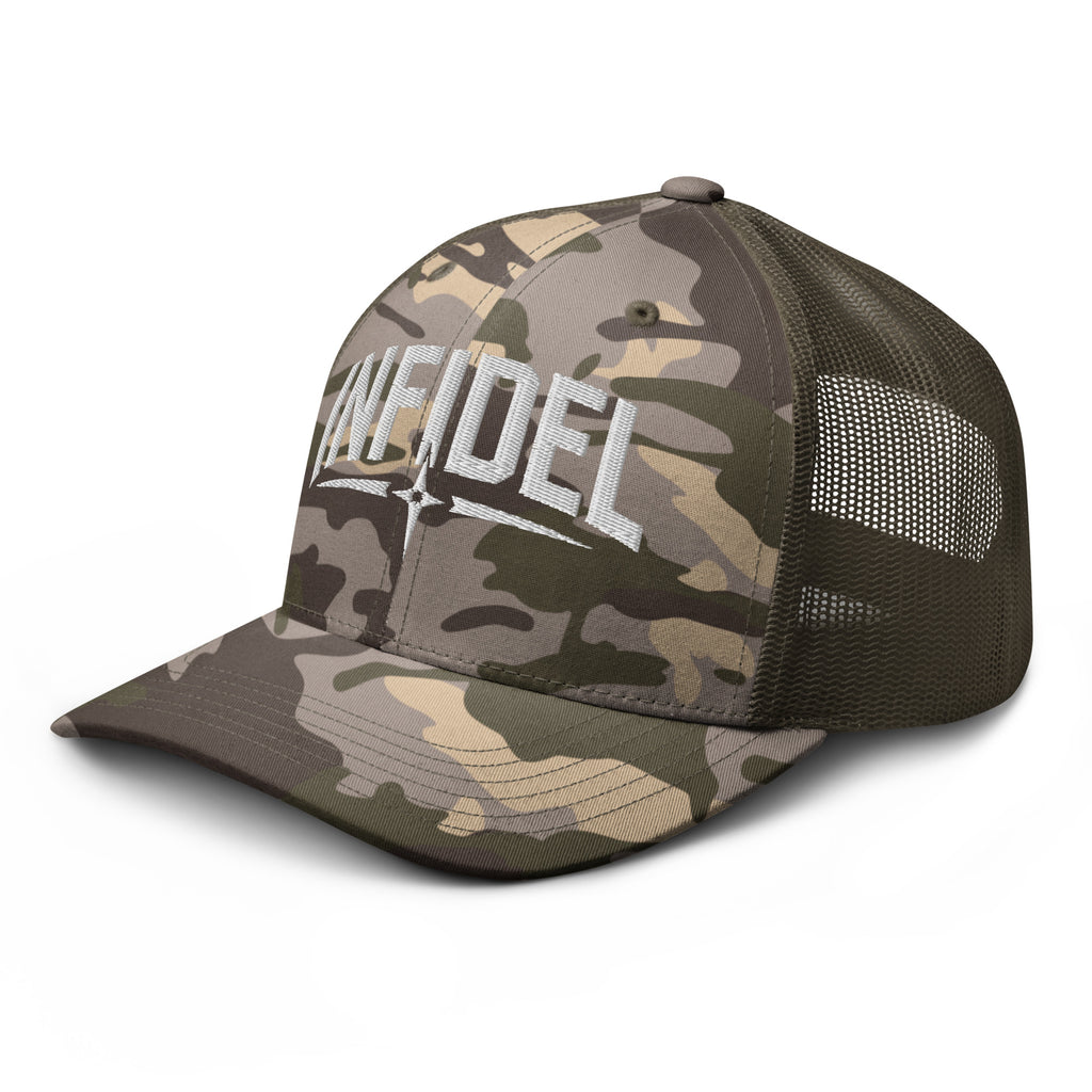 Camo Olive camo trucker hat with embroidered Infidel Spike design, left front view