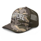 Camo Olive camo trucker hat with embroidered Infidel Spike design, left front view