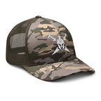 Camo Olive, snapback hat, with embroidered Call to Arms, right front view