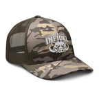 Camo Olive camo trucker hat with embroidered INFIDEL War Pig design, right front view