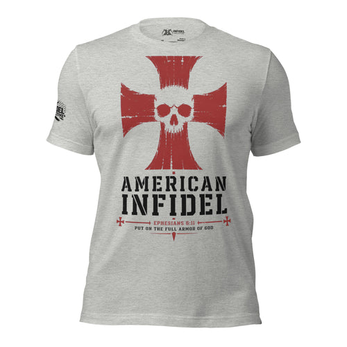 Front view of athletic heather tee with Infidel Collective sleeve mark