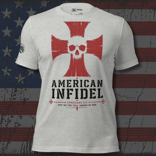 American Infidel red cross and skull with Ephesians 6:13 design back print athletic heather tee from Infidel Collective