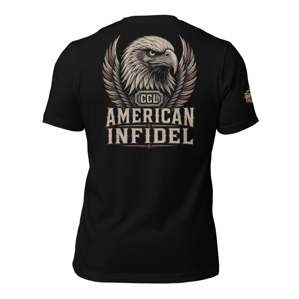 Black t-shirt featuring a distressed bald eagle crest above CCL American Infidel lettering