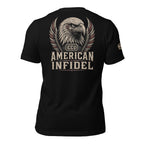 Black t-shirt featuring a distressed bald eagle crest above CCL American Infidel lettering