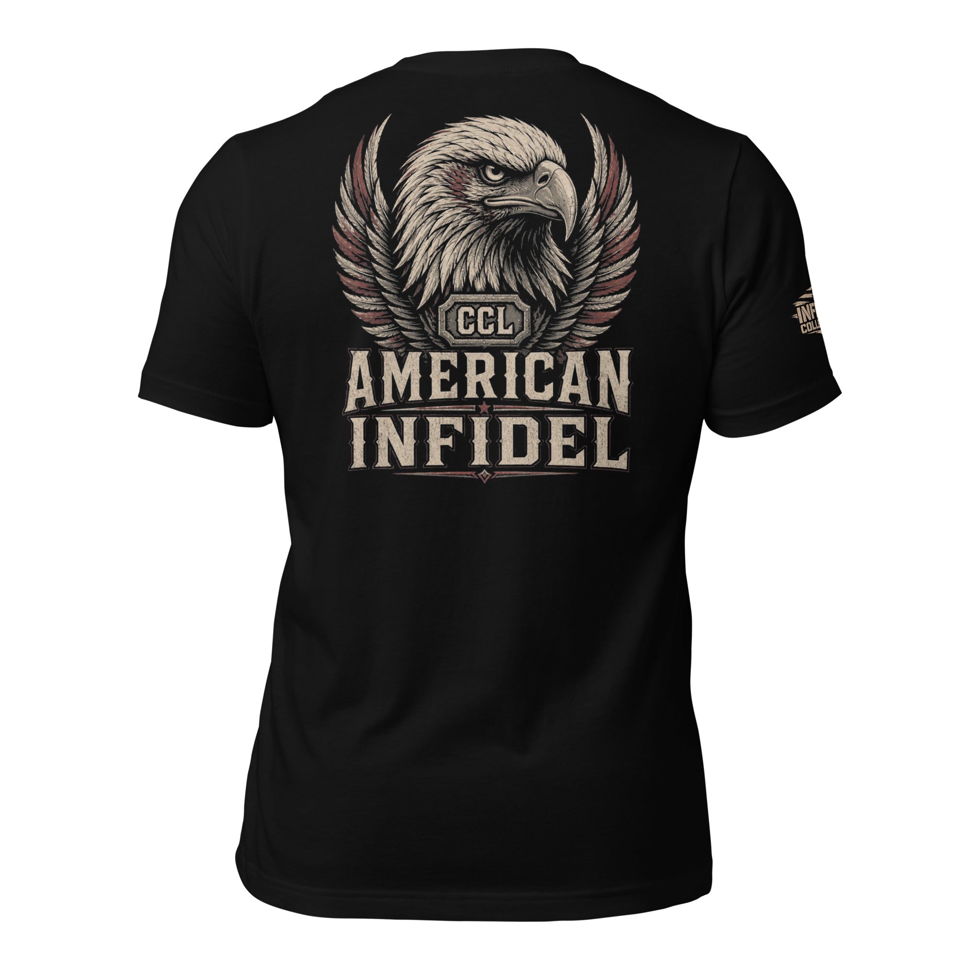 Black t-shirt featuring a distressed bald eagle crest above CCL American Infidel lettering