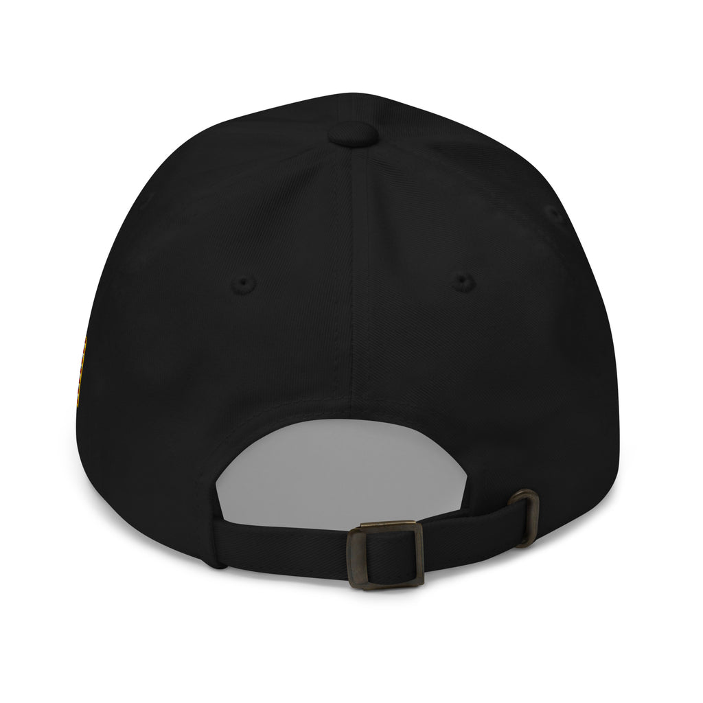 Black dad hat with embroidered INFIDEL War Pig design, back view