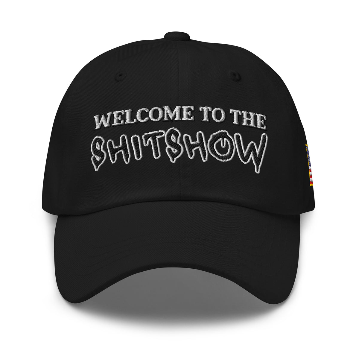 Welcome To The Shitshow Dad hat in Black, front view