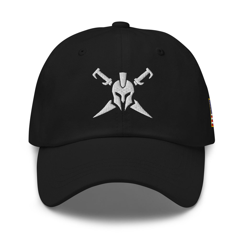 Black, dad hat, with embroidered Call to Arms, front view