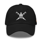 Black, dad hat, with embroidered Call to Arms, front view