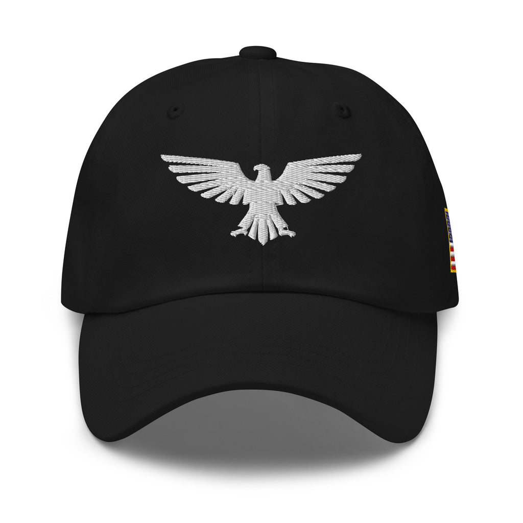 Black, dad hat, with embroidered patriotic eagle crest, front view