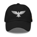 Black, dad hat, with embroidered patriotic eagle crest, front view