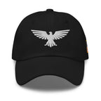 Black, dad hat, with embroidered patriotic eagle crest, front view