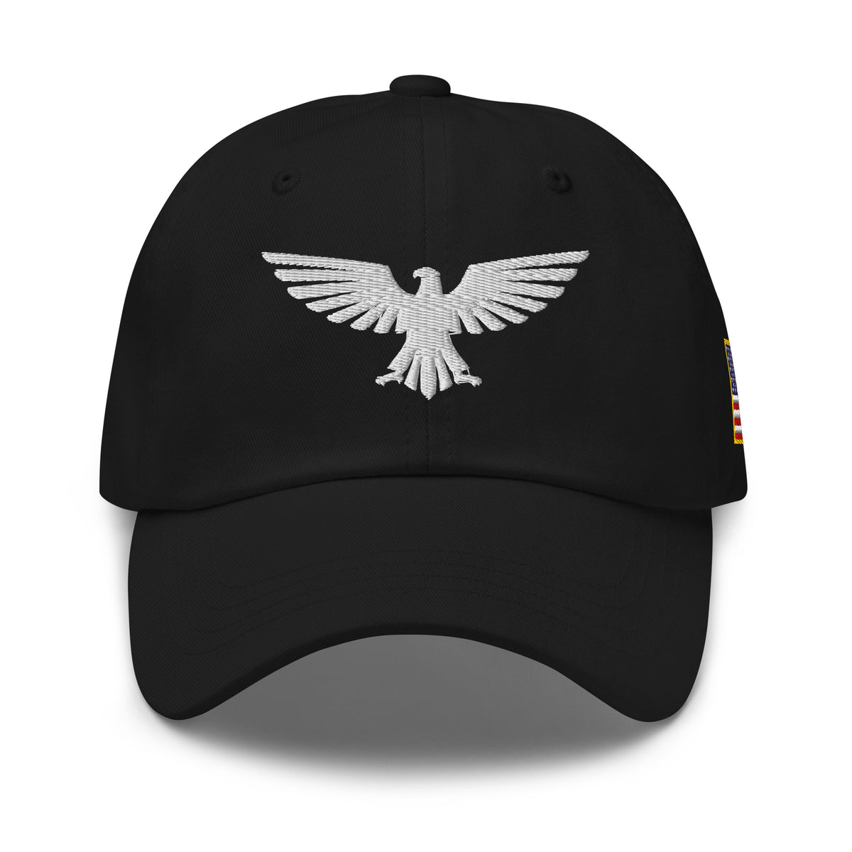 Black, dad hat, with embroidered patriotic eagle crest, front view