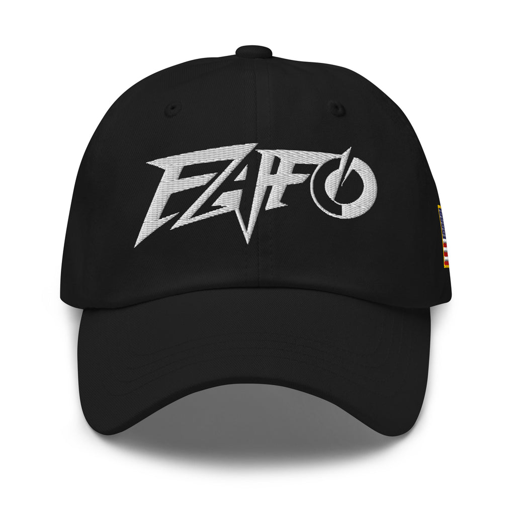 Black dad hat with embroidered FAFO Power design, front view