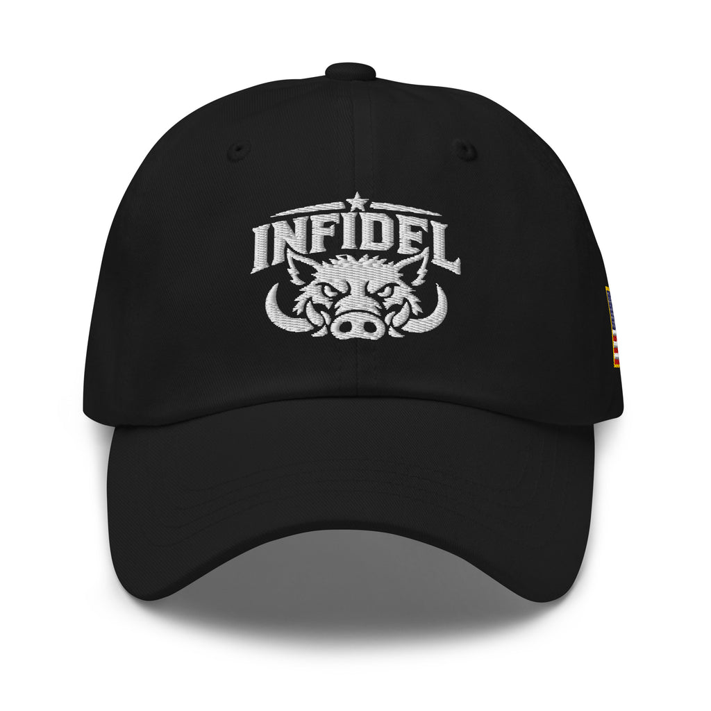 Black dad hat with embroidered INFIDEL War Pig design, front view