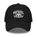 Black dad hat with embroidered INFIDEL War Pig design, front view