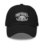 Black dad hat with embroidered INFIDEL War Pig design, front view