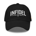 Black dad hat with embroidered Infidel Spike design, front view