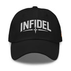 Black dad hat with embroidered Infidel Spike design, front view