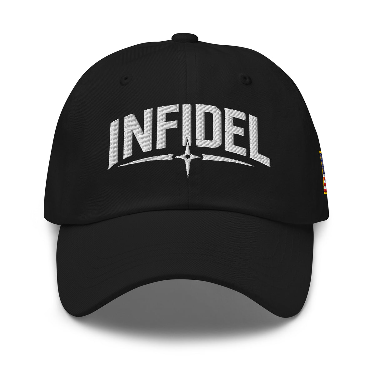 Black dad hat with embroidered Infidel Spike design, front view