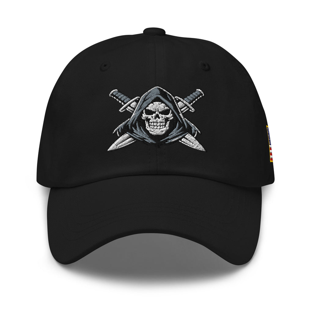 Black dad hat with embroidered Only Fear Infidel reaper design, front view