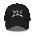 Black dad hat with embroidered Only Fear Infidel reaper design, front view