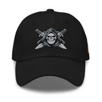 Black dad hat with embroidered Only Fear Infidel reaper design, front view