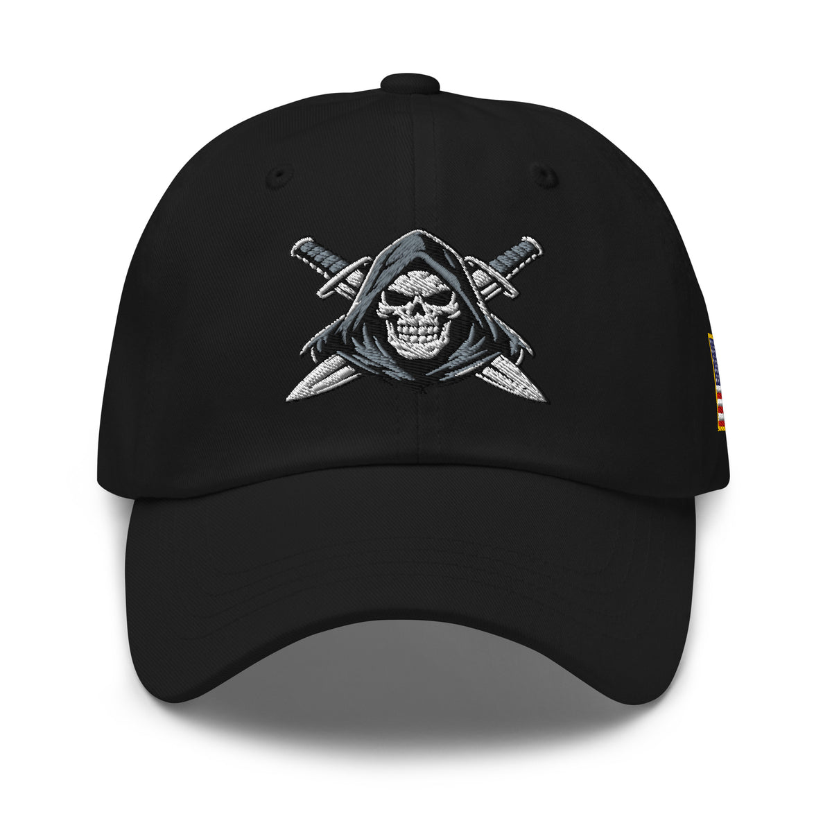Black dad hat with embroidered Only Fear Infidel reaper design, front view