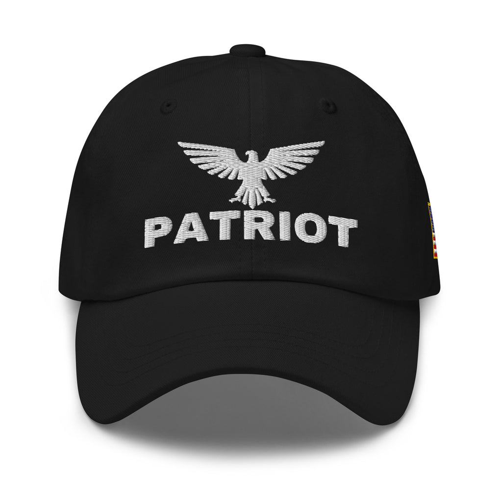 Black dad hat with embroidered Patriot Eagle design, front view