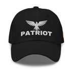 Black dad hat with embroidered Patriot Eagle design, front view