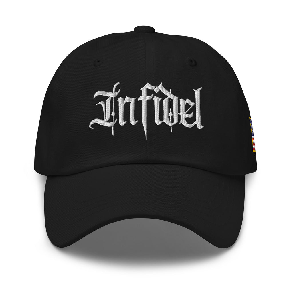 Black dad hat with embroidered Infidel Script design, front view