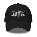 Black dad hat with embroidered Infidel Script design, front view