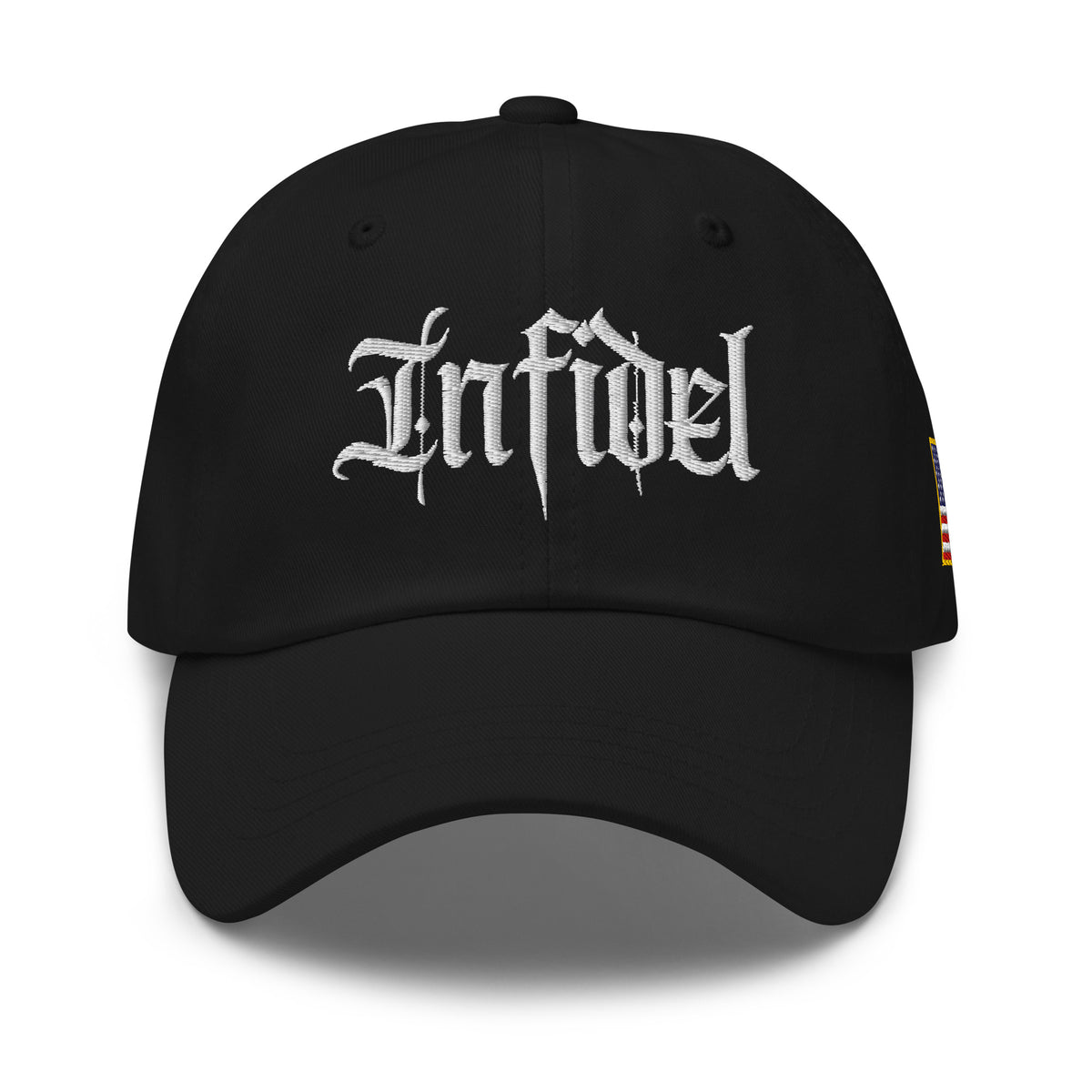 Black dad hat with embroidered Infidel Script design, front view