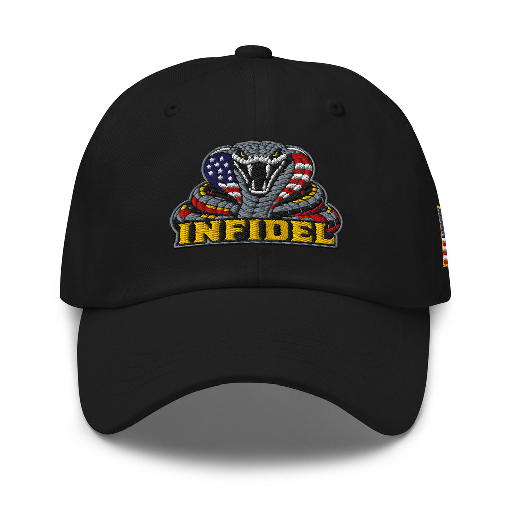 Infidel USA Flag Cobra embroidery on black low-profile dad hat, front view