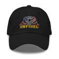 Infidel USA Flag Cobra embroidery on black low-profile dad hat, front view