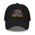 Infidel USA Flag Cobra embroidery on black low-profile dad hat, front view