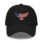 Black low-profile dad hat with embroidered Old Glory Eagle front design, front view