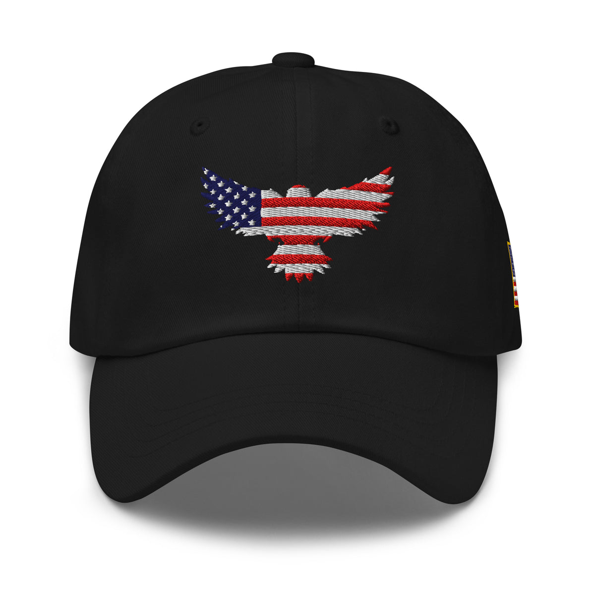 Black low-profile dad hat with embroidered Old Glory Eagle front design, front view