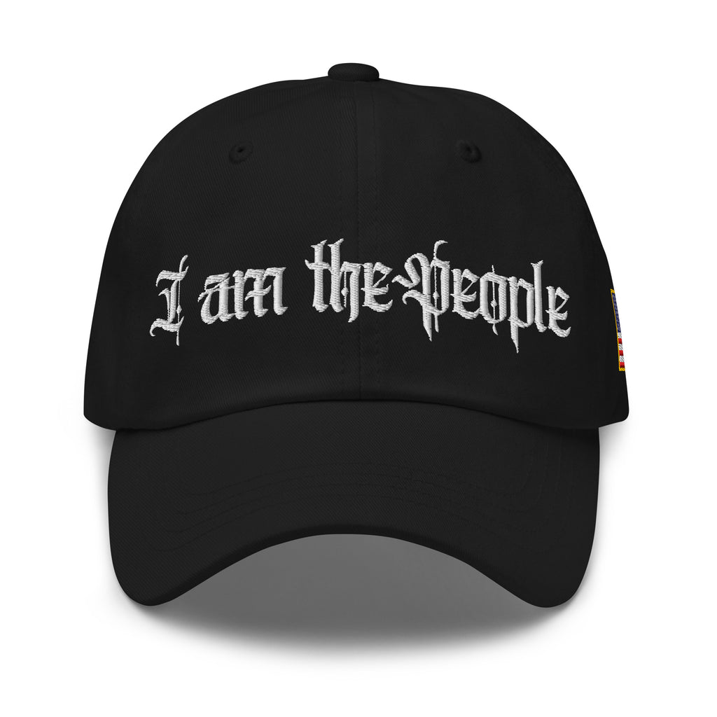 Black low-profile dad hat with embroidered I Am the People front design, front view