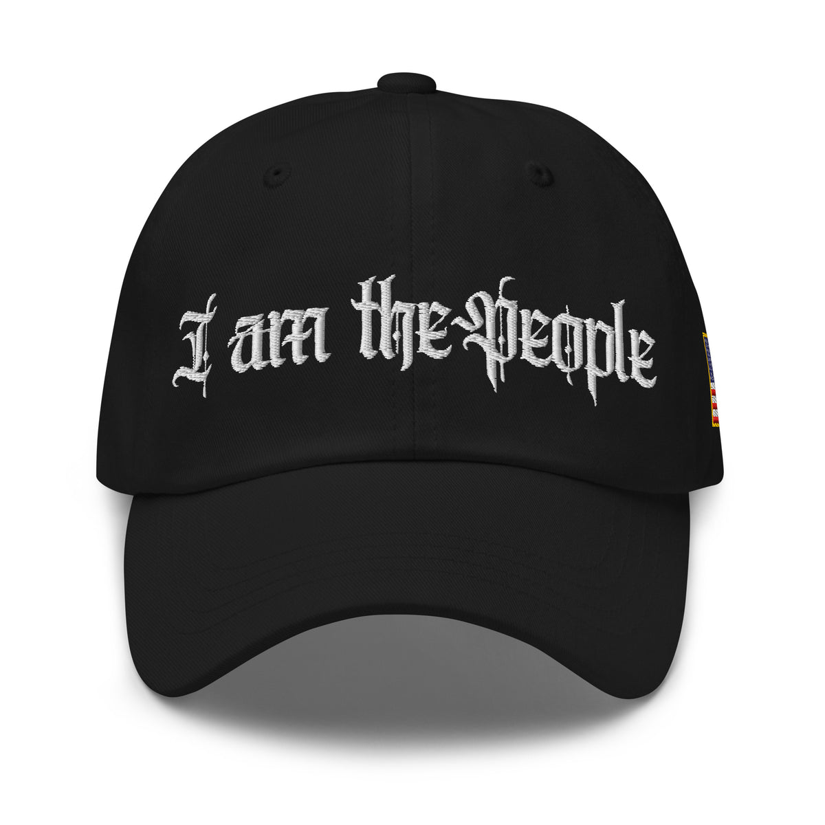 Black low-profile dad hat with embroidered I Am the People front design, front view
