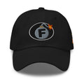 Black low-profile dad hat with embroidered F-Bomb front design, front view