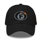 Black low-profile dad hat with embroidered F-Bomb front design, front view
